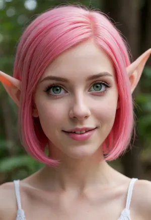 Petite skinny elf with a very cute face snub-nosed nose detailed beautiful green eyes hairstyle curvy bob short bob bright pink saturated hair looks at the camera and smiles fervently smiles at the fact that her face is completely covered with thick white sperm completely covers her face cute cute elf girls high detail high definition images model hairstyle head hair styling