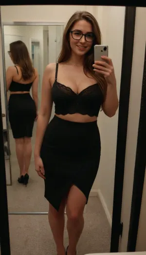 changing room, iphone selfie in front of a mirror, woman, long brown hair, 25yo, curvy, midriff, large breasts, black sexy bra, ((knee-long black tailored pencil skirt)), seductive smile, (((looking at viewer))), wearing black dragonfly glasses, soft light, dim light, 8K, hires, ultrarealistic, iphone, mirror, selfie, holding, <lora:phone_v01:.8>