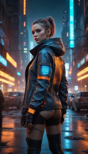 A futuristic cyberpunk character with an edgy, high-tech jacket featuring glowing neon blue and fiery orange accents, metallic details, and rugged textures, illuminated by moody cinematic lighting in a dystopian city scene filled with glowing red and orange lights, scattered debris, and dark industrial tones, dynamic and detailed, hyper-realistic, vibrant colors, atmospheric and immersive