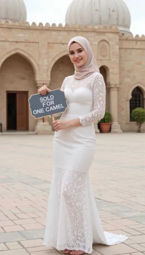 A, (very petite), (arabic), woman, wearing a lace-weddingdress, lace hijab, sweet smile, 19 years old, standing in front of a mosque., (realistic, hd, photography), holding a sign with text "SOLD FOR ONE CAMEL".