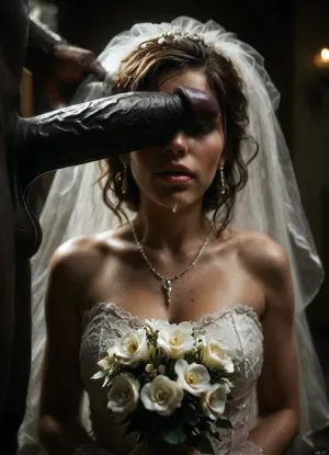 (3Black skin muscular man), (3 very large and thick black cock), monster black cock, ((A close-up of a Presian Bride in wedding dress, Beside her lies a delicate white bridal bouquet)), ., (Thick, glossy white cum with creamy undertones is slowly poured over bride's face and the flowers, dripping down the sides and partially covering the eyes), (woman shows her wedding ring), . The lighting is soft and cinematic, enhancing the shine of the sperm, the texture of the slime, and the dark contrast of the background. The scene feels poetic, artistic, and symbolically messy—blending elegance with surreal distortion., facialized, superfacialized, 3, reij-snrs, light, and, shadow, by, <lora:facialized:1.6>, <lora:dark:.6>, <lora:sunriseSDXL-000009:1>