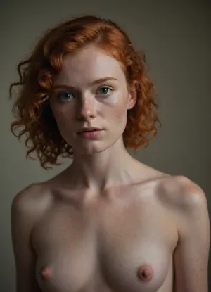 Full body shot, 20 year old ginger girl, lots of freckles, light red hair, very curly hair, mullet, small upturned nose, thin lips, big eyes, skinny body, lanky body, full frontal nudity, pointy nipples, pokey, ugly duckling, butterface, butter face, angular face with high cheekbones
