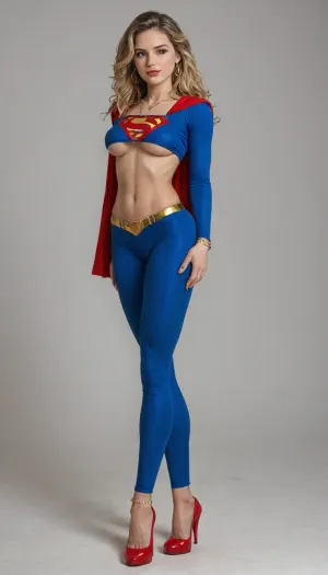 La super transformation de Wilma

- Oui.

AI a généré l'image de Wilma Deering de Buck Rogers habillée en Supergirl avec son beau visage et des caractéristiques uniques bien en vue. Elle porte un body bleu révélant un décolleté sous le costume et une taille de guêpe, complétant ses jambes extrêmement longues et ses talons hauts. Les accessoires incluent des boucles d'oreilles, un collier et des bracelets bangle autour de l'heranklet. L'ensemble de la scène est rendu en ultra haute définition (uhd) et haute gamme dynamique (hdr), avec un fond blanc propre.