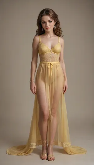 (Belle), from live action Disney, princess, freckles, beautiful face, hourglass body type, archetypal medium breasts, ankle bracelets, yellow transparent nightgown, Suspenders, yellow silk stockings, looking at viewer