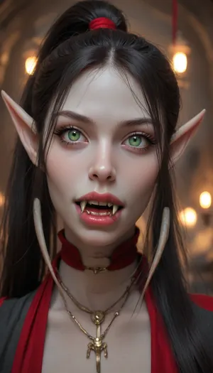 (Cave), (Adult bimbo:1.5), (pallid gray skin:1.5), (long elf ears:1.5), (very long vampiric fangs:2), (big lips:1.5), (black ponytail hair), (detailed green eyes), (well-built body)