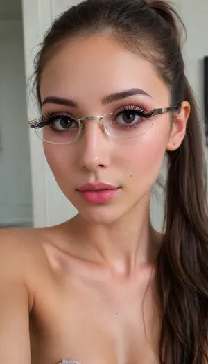 (standing on feet:1.5), (((face chest hips pussy))), (photo taken in class), (((round glasses with thin frames))), (((narrow low face))), (narrow waist:1.4), (full naked nude:1.5), (open out chest:1.6), super realistic, perfect lighting, (best shadow), 8K, UHD, clear image, (best lighting), highest quality, super detailed images, fine details, high definition, 8k, (skinny:1.7), european-american, (((young petite girl))), (((18 years old))), bright blue eyes, dark brown hair, (((long high warrior ponytail))), (((blush))), (very oiled skin:1.9), tt_flat, BJ_Oxygen, krnpp, (makeup:1.5), ((lipstick)), ((((best selfie pose)))), ((((big long thick black eyelashes)))), (((slender Atlantic body))), thighhighs, <lora:reallora1:.1>, <lora:Oxygen girl_SDXL1.0:.1>, <lora:karina_sdxl_v10:.1>, <lora:add-detail-xl:.8>