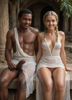 beautiful medium blonde deeply tanned 21 years old woman with medium blonde braids and blue eyes with firm medium breasts and happy smile and shaved pussy and suntan wearing a wet white dress in deserted village in Africa sitting next to male naked native man, ((wet white dress)), ((deeply tanned medium blonde scandinavian woman in foreground sitting next to male naked native black African man)), erected huge big penis, vagina, suntan, Object, gd, erection, sex, toy, penis, large, <lora:Penis_XL:.6>