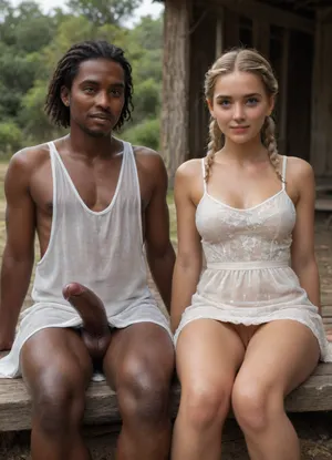beautiful medium blonde deeply tanned 21 years old woman with medium blonde braids and blue eyes with firm medium breasts and happy smile and shaved pussy and suntan wearing a lifted wet white dress in deserted village in Africa sitting next to male naked native man, ((lifted wet white dress)), ((deeply tanned medium blonde scandinavian woman in foreground sitting next to male naked native black African man)), erected huge big penis, vagina, suntan, Object, gd, erection, sex, toy, penis, large, <lora:Penis_XL:.7>
