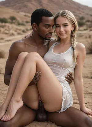 beautiful medium blonde deeply tanned 19 years old woman with medium blonde braids and blue eyes with firm breasts and happy smile and shaved pussy and suntan wearing a wet white dress in desert in Africa carried by male native man in background, ((wet white dress)), ((deeply tanned medium blonde scandinavian woman carried by male native black African man sitting in background)), suntan, penis in vagina, vaginal, cowgirl