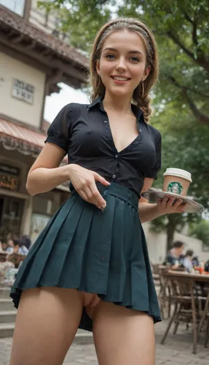 3/4-body view from below, cute smiling beautiful 21 years old tanned enchanting girl with waitress headband serving a full tray of coffee cups at crowded outdoor café in a park in a city on a sunny summer day, ((braless translucent tight unbuttoned black blouse)), ((extremely short pleated black miniskirt shows girl´s naked labia to some little extent beneath hem)), beautiful enchanting face, shaved lap, bright blonde braids, blush, attractive girl, deep seamless suntan, (firm small breasts), closed legs, narrow waist, shaved pussy, cute smile, suntan, clothes, NEGATIVE_HANDS, Transparent, Dress, dress, see, through, transparent, <lora:681678_training_data:.8>