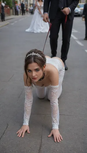 1 black man, 1persian bride in wedding dress, he holds the leashes, (a man in suit walk in the street walking on leash two all fours brides woman:1.5), both womens wear only a leather collar and are walking all fours, submissive woman, leash, all fours, ass up, catwalk, (both womens are all fours:1.5), walking on a leash, humiliation, pet