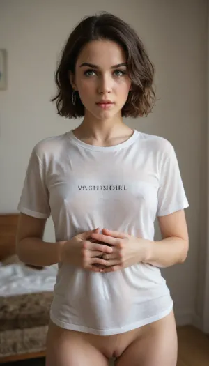 pretty woman after oral sex dressed in transparent t-shirt and no panties. her mouth is full of sperm. a cum drips from her mouth to the breast. the woman shows her pussy and hold her hand on her stomach. the woman is blond short haircut, about 40 years old, average body with small boobs. images is full view