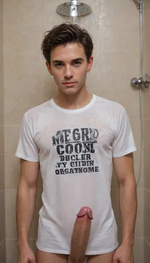 18-year old college guy naked in the shower with t-shirt on, extra large penis, short hair