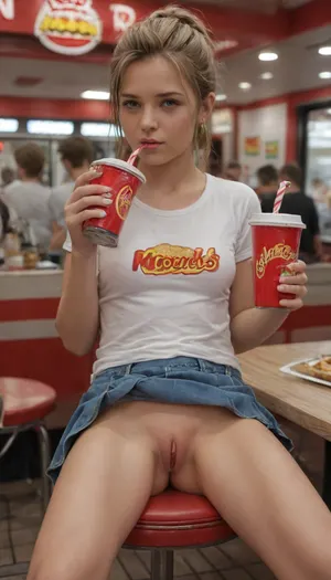 Very cute Kate Marsh from Life is strange, pussy seen under kirt, upskirt pussy, McDonalds, people, 4k, drinking soda, only one cup, straw