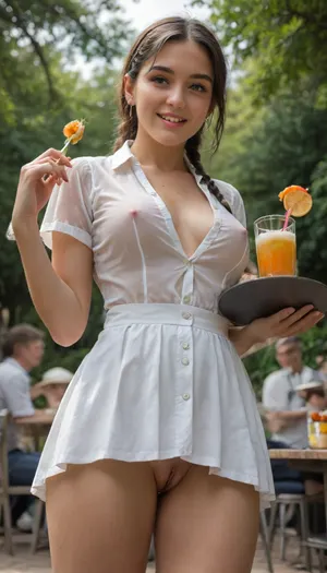 3/4-body view from below, cute smiling beautiful 19 years old tanned enchanting woman with waitress headband serving a full tray of drinks at crowded outdoor café in a park in a city on a sunny summer day, ((translucent tight unbuttoned white blouse)), braless, ((black extremely short pleated black miniskirt shows girl´s naked labia and piercing to some little extent)), beautiful enchanting face, shaved lap, lbrunette braids, attractive girl, deep seamless suntan, (firm small breasts with erected bright nipples), closed legs, narrow waist, shaved pussy, intimate vagina piercing, cute smile, suntan, clothes, translucent blouse, <lora:681678_training_data:.8>