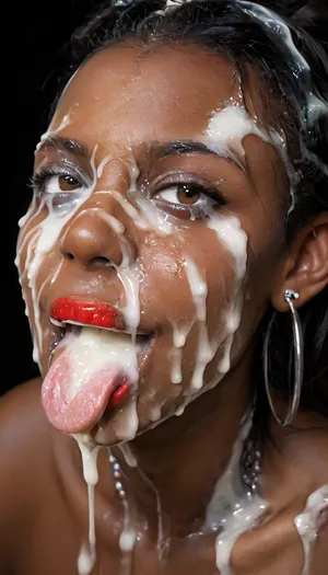 close up view of a black african woman's mouth, full of cum, (looking at viewer), naked, (Cum details), realistic cum, Prominent cum, (white cum:1.7), (Cum flows:1.2), cum on head, (cum on face:1.3), bukkake, cum, face, Face covered in cum, (A lot of cum:1.5), long smooth black hair, (detailed brown eye), (the eyes are smiling), (detailed iris), (detailed mouth), (open mouth), (extended tongue), full lips, red lipstick, black background, <lora:JustCum:.9>, <lora:cum_in_eye_deepmind:.9>