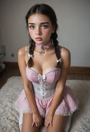Full Body View, ((photo taken in class:1.5)), ((kneeling slave POV:1.5), Uber realistic, perfect lighting, (best shadows), 8K, UHD, clear image, (best lighting), Best quality, Ultra Detail, Fine Detail, High Definition, 8k Wallpaper, Masterpiece, (Skinny with realistic Breasts:1.4), ((natural b cup Breasts:1.4)), ((Slovak girl 18 years old:1.5)), bright blue eyes, black hair, 2 small braids, white bows, (very detailed face, (beautiful, light freckles, blush, tanned skin, full lips, pink velvet corset dress with a collar), (wearing a fitted gray velvet dress, gray velvet fitted dress, white socks))), a fitted gray velvet dress with a collar, white socks. Petite, height 155cm, stands on her knees and gets a load of cum on her face, very narrow waist, wide hips, massive breasts, butt, more, gray, velvet, brown, eyes, hair, short, folded, ponytail, large, breasts, white, shirt, pencil, skirt, black, pantyhose, neckline, bukkake