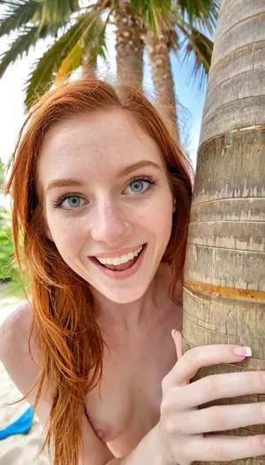 Candid photo, nude 24 year old athletic ginger, slender, on photorealistic Miami public beach, realistic detailed face, long hair, shy laugh, ((peeking around a large palm tree)), realistic detailed skin, realistic detailed bright eyes