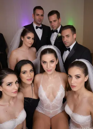 A surreal, high-fashion wedding group portrait featuring an Iranian bride standing at the center, surrounded by her groom, bridesmaids, and close family members. Everyone is dressed in formal wedding attire, the bride in a classic white lace wedding gown and veil, the groom in a sleek tuxedo, and the bridesmaids in elegant dresses. The entire group is posing for a traditional commemorative photo, but the scene is made surreal and artistic by the presence of thick, glossy slime dripping over the bride’s head, face, hair, and veil. The slime is pearlescent silver with glowing green undertones, pouring from above and soaking her upper body. Some of the slime splashes or trickles toward others in the group, adding tension and surrealism. The backdrop is soft and studio-style, (like in classic wedding photography), with cinematic lighting that enhances facial expressions and textures. The overall mood is imaginative, striking, bizarre yet beautiful—blending traditional wedding aesthetics with avant-garde conceptual art.