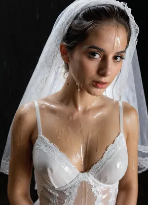 A surreal, high-fashion wedding portrait of an Iranian bride standing in an elegant, traditional pose. She is wearing a classic white wedding gown and delicate lace veil. Her entire head—face, eyes, hair, and veil—is fully and thickly covered in glossy, dripping slime. The slime is semi-transparent, pure white with very subtle creamy undertones, smooth and luminous, completely masking her facial features. It flows heavily from above, coating her head and shoulders, and softly dripping down her dress. The lighting is cinematic and soft, highlighting the textures of the slime and the fine details of her bridal wear. The background is dark and elegant, emphasizing contrast. The mood is mysterious, artistic, surreal, and minimalist in color, focused on form and texture rather than bright tones., macrolora, <lora:macro_v2:.8>