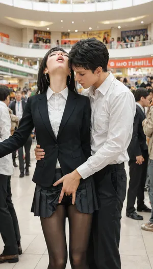 Head back, crowd, (groping her exposed pussy + fingering pussy), Black pantyhose, white collared shirt, pleated skirt, black hair male fingering through clothes, male hand in female panties, standing, in mall, (Comfyui with controlnet), Model, <lora:crowd_notrigger:.8>