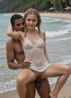 beautiful dark blonde deeply tanned 21 years old woman with tousled dark blonde braids and dark blue eyes with rucksack with firm small breasts and relieved smile and shaved pussy and suntan wearing a wet white dress in shallow water of a sandy beach in Africa being carried by a naked male native man standing in background, ((wet transparent white dress)), ((deeply tanned blonde scandinavian woman being carried rucksack in foreground and naked male native black African man standing in background)), suntan, penis in vagina, vaginal, reverse cowgirl, sunny day, palms, sand, waves