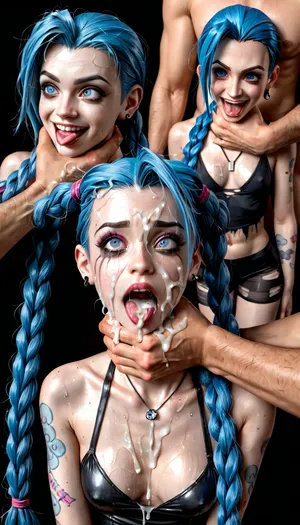(((Jinx))), (hair in pigtails), (small perky breasts:1.3), cheating, (man is choking her:1.4), full skinny figure, skinny thighs, tight jinx costume, cleavage, heavy makeup, sweaty skin, black torn pantyhose, cum on face, cum in hair, cum dripping down chest, excessive cum on breast, excessive cum on face, cum shots, dirty back ally, (man arms visibles:1.4), (ahegao face:1.5), (((multiple views)))