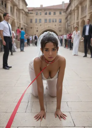 18yo Iranian white chubby persian bride, 1girl with long brunette hair. in sexy white wedding dress and white stockings, 1persian bride in wedding dress, (1 black skin man holds the leashes), torn stockings, torn wedding dress, ((a black skin man in suit walk in the street walking on leash 1 all fours bride woman:1.5)), women wear only a leather collar and are walking all fours a lot of dark-skinned people in the background, full body view a crowd of African tribes, on, knees, kn33s, <lora:Knees_Spread_SDXL:.8>, <lora:726506_training_data:.8>