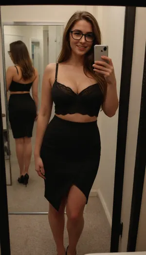 changing room, iphone selfie in front of a mirror, woman, long brown hair, 25yo, curvy, midriff, large breasts, black sexy bra, ((knee-long black tailored pencil skirt)), seductive smile, (((looking at viewer))), wearing black dragonfly glasses, soft light, dim light, 8K, hires, ultrarealistic, iphone, mirror, selfie, holding, <lora:phone_v01:.8>