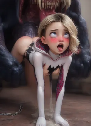 gwen stacy, ((ripped spider gwen outfit)), detailed face, beautiful eyes, slender body, (nipples sticking hard), cute face, shy, embarrassed, (blushing:1.5), (ahegao), ***. gigantic venom, hyper thick greasy monster cock, fucked by enormous monster cock, hyper fuck, (enlarged gaping rectum:1.3), gangbang, (sex:1.5), (double anal penetration:1.5), shocked, deep vaginal sex, motion lines on ass, bouncing pussy on monster cock, pussy stretching around monster, super stretched tight pussy on giant cock, cock deep inside, huge monster hands grabbing and spreading enormous ass cheeks, in dark dungeon, grey stone walls, red brick floor, high resolution, best quality, masterpiece, ultra realistic, perfect eyes, focused eyes, perfect face, onarmor, screaming, meatshield, fanny packing, cum is dripping from her vagina and ass, her breasts are flopping upward, she looks like she is orgasming, creampie, enormous creampie, fishnet, scared orgasm face, (Very petite:2), (young adult:2), (sexy small breasts:1.3), (small waist:1), (tiny dark erect nipples:1.2), (tiny butt:1.3), (thin thighs:1.4), (short legs:1.6), tight ass, (tiny ass:1.6), beautiful face, very small breasts, messy rainbow multicolor hair, peace, sign, rainbow stockings, rainbow gloves, rainbow fishnet bodysuit, handcuffs, chains, chainedbelt, bondage, bound, tied, slave, cum, (face covered in sticky white cum), tears, long tongue, torn white underwear, (mouth is wide open:1.7), (cheeks are strech:1), (impossible fit in mouth), cum dripping from cock, (sticky white cum dripping from face:1.6), (hanging nipple ring chains:1.3), (clit ring:1.4)
