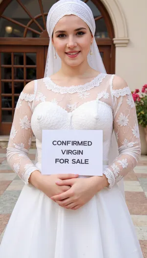 A, (very petite), (arabic), woman, wearing a lace-weddingdress, lace hijab, sweet smile, 19 years old, standing in front of a mosque., (realistic, hd, photography), holding a sign with text "CONFIRMED VIRGIN FOR SALE".