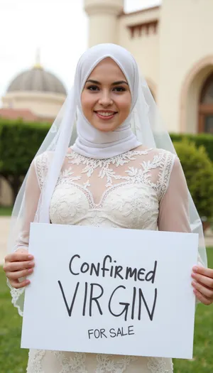 A, (very petite), (arabic), woman, wearing a lace-weddingdress, lace hijab, sweet smile, 19 years old, standing in front of a mosque., (realistic, hd, photography), holding a sign with text "CONFIRMED VIRGIN FOR SALE".