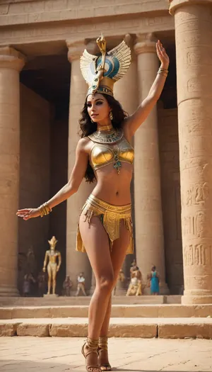 Ancient Egypt. A temple dancer performs a sexy dance in the temple in front of the statue of the god Ra during the fertility festival