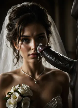 (3Black skin muscular man), (3 very large and thick black cock), monster black cock, ((A close-up of a Presian Bride in wedding dress, Beside her lies a delicate white bridal bouquet)), ., (Thick, glossy white cum with creamy undertones is slowly poured over bride's face and the flowers, dripping down the sides and partially covering the eyes), (((woman shows her wedding ring))), . The lighting is soft and cinematic, enhancing the shine of the sperm, the texture of the slime, and the dark contrast of the background. The scene feels poetic, artistic, and symbolically messy—blending elegance with surreal distortion., facialized, superfacialized, 3, reij-snrs, light, and, shadow, by, <lora:facialized:1.6>, <lora:dark:.6>, <lora:sunriseSDXL-000009:1>