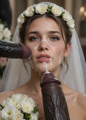 (Black skin muscular man), (very large and thick black cock), monster black cock, ((A close-up of bukkake cumshot facial Persian Bride's face lies a delicate white bridal bouquet)), ., (Thick, glossy white cum with creamy undertones is slowly poured over the face and flowers, dripping down the sides and partially covering the rings), . The lighting is soft and cinematic, enhancing the shine of the rings, the texture of the slime, and the dark contrast of the background. The scene feels poetic, artistic, and symbolically messy—blending elegance with surreal distortion., crying, <lora:crying:1.1>