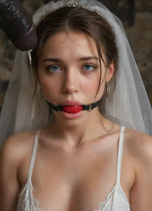 (Black skin muscular man), ((very large and thick black cock)), monster black cock, crying, tears in her eyes, ((A close-up of bukkake cumshot facial Persian Bride's face lies a delicate white bridal bouquet)), ., (Thick, glossy white cum with creamy undertones is slowly poured over the face and flowers, dripping down the sides and partially covering the rings), . The lighting is soft and cinematic, enhancing the shine of the rings, the texture of the slime, and the dark contrast of the background. The scene feels poetic, artistic, and symbolically messy—blending elegance with surreal distortion., ballgag, <lora:crying:1.1>, <lora:ballgag:1.1>