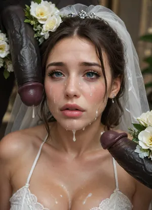 (Black skin muscular man), (very large and thick black cock), monster black cock, ((A close-up of bukkake cumshot facial Persian Bride's face lies a delicate white bridal bouquet)), ., (Thick, glossy white cum with creamy undertones is slowly poured over the face and flowers, dripping down the sides and partially covering the rings), . The lighting is soft and cinematic, enhancing the shine of the rings, the texture of the slime, and the dark contrast of the background. The scene feels poetic, artistic, and symbolically messy—blending elegance with surreal distortion., crying, <lora:crying:1.8>, huge, breasts, massive, <lora:SDXL_MassiveCowsLoRA_v1:.8>