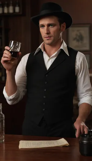 Woman with hairstyle and makeup of the 20s of the 20th century, wearing black men's pants, white men's shirt and men's black vest with a neckline below the chest, the shirt on the chest unbuttoned, huge heavy breasts half exposed, one nipple is visible, on the head of a gray men's hat. He is drinking moonshine from a glass, a dark unlabeled bottle and a revolver are on the table next to him