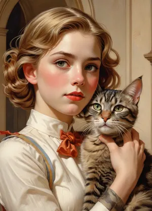 1girl and 1cat, J.C., Leyendecker, Style, page, <lora:SimplePositive_XL_v1_AutoRunMech:.5>, <lora:J.C. Leyendecker Style:.8>