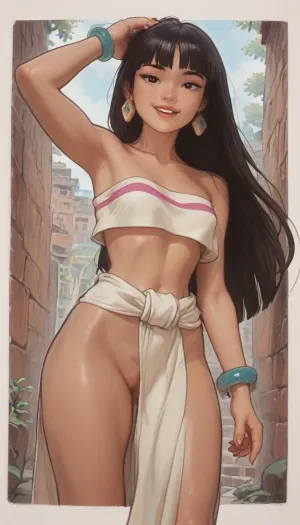 (Chel from road to El dorado), (face), dynamic pose, extremely beautiful face, looking at viewer, slightly pussy, detailed pussy, smiling, 1 women, style anime, inspired illustration, (ratatatat74, (Outline), concept, art), <lora:NEOTOKIOXL_0.2_RC:.4>, <lora:cartoon_stickers_xl_v1:.4>, <lora:outline_xl_kohaku_delta_spv5x:1.7>, <lora:AshMilkshake_Illustrious_v1:1.4>, <lora:ratatatat74-000050:.4>