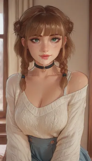 score_9, score_8_up, score_7_up, score_6_up, beautiful face, smirk, gigantic sagging natural breasts, natural breasts, overflowing high cleavage, brown hair, blonde bangs, split dyed hair, bangs, wide hips, tan skin, horny expression, full lips, medium length hair, green eyes, freckles, grey outfit, thick oversized knit sweater, school skirt, choker, low hanging pigtail, buns, braids, cum in mouth, 1 women, style anime, inspired illustration, ratatatat74, <lora:ratatatat74-000050:1.4>, <lora:outline_xl_kohaku_delta_spv5x:.7>, <lora:cartoon_stickers_xl_v1:.5>, <lora:NEOTOKIOXL_0.2_RC:.4>, <lora:AshMilkshake_Illustrious_v1:1.6>