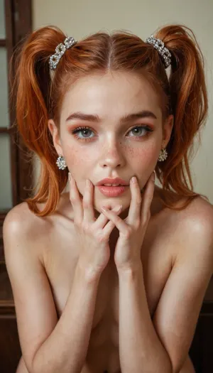 masterpiece, award winning photo, detailed face, realism, passion, lust, ultra realism, UHD 8K, extreme realism, maximum detail, most beautiful, sweet and petite, sexy ginger hair girl with pale skin and freckle's in tight and sexy bodysiut. spreading her perfect petite ass, full body view, petite body, ponytails, ass spread with hands, petite ass, pale skin, tight bodysiut, model makeup, model face expressions, 1 photo per time, real sittuation photo session, <lora:add-detail-xl:1.3>, blueche, (with, blushing, cheeks:1), covche, covering, her, cheek, with, mouth, looking, embarrassed, right, hand, covmou, <lora:EmbarrassedBlushing.1.0:.1>, <lora:568214_training_data:.8>, supermodel, face, big, lips, <lora:Beautify-Supermodel-SDXL:.8>