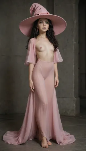 ((Elath is a witch girl)), With a round face, big green eyes, round face, quiff, glasses, big cheeks, big lips, blue lipstick, ((long straight hair)), black hair, slim body, ((small breasts)), ((detailed face)), ((full body)), ((wearing a pink witch hat))