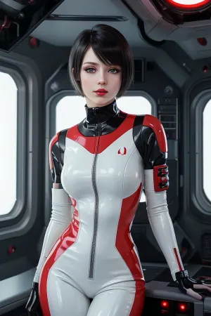 (photographic quality, extremely detailed, photorealistic), (highly detailed hair, highly detailed face, highly detailed skin, highly detailed eyes), (realistic interior details, realistic hair, realistic face, realistic anatomy, realistic pose), (detailed skin texture, skin imperfections), 19yo russian girl, tiny, petite, skinny, pale skin, ((black hair, short bobcut hairstyle)), large wide open grey eyes, red puffy lips, enigmatic smile, very tight white latex jumpsuit with red inserts, in the interior of a space station of the future, cyberpunk, retrofuturism, full-length image