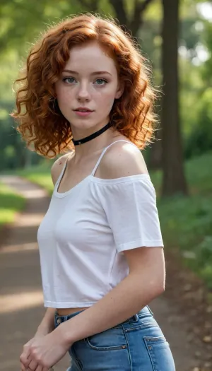 20-year-old redhead, freckled, curly hair, detailed face, perfect fingers and hands, detailed background, pretty, on a walk in the park, wearing a white T-shirt and denim short shorts, small round innocent face, ultra-high detail, hyper realistic, black choker, view from side, looking back