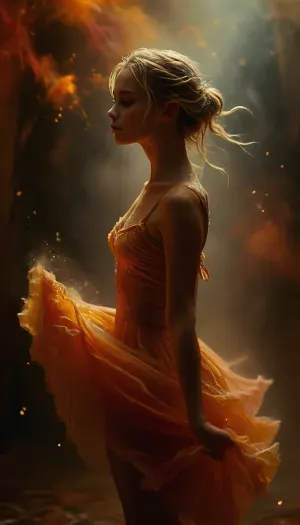 The blonde Ballerina, rendered in captivating oil paint, stands on tiptoe amidst a swirling mist of soft orange and blooming hues, evoking an ethereal, whimsical atmosphere. Her skin glows with a warm golden luminescence. The brushstrokes are bold, expressive and gestural, imbuing the work with a sense of dynamic movement and energy, as if the dancer could leap off the canvas at any moment, capturing the magic of a fleeting performance. Surrounded by much magical glowing dust, flat chested, nipples, <lora:MJ52:.8>
