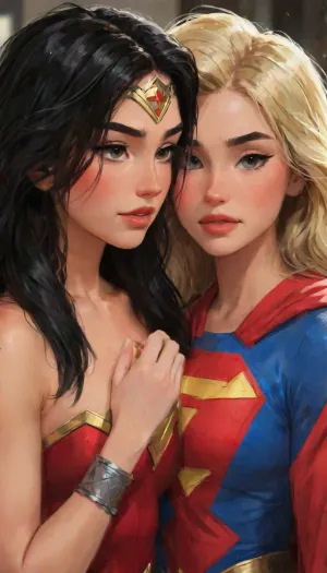 score_9, score_8_up, score_7_up, score_6_up, source_cartoon, adult women, (2women), tyla Supergirl, Madison Beer Wonder Woman, extremely lifelike, very beautiful, BREAK adult, (Supergirl, long flowing blonde hair:1.4), (Wonder Woman, black hair:1.5), sensual, Fitness, erotic, nsfw, Looking into the camera, whole body, BREAK shallow depth of field, highly detailed, bokeh, moody, epic, gorgeous, grainy, BREAK, (ultra-detailed), (best illustration), (best shadow), (absurdres), (detailed background), (very aesthetic), ., highlydetailedbody, realisticface, highlydetailedhair, insanelydetailed, 8K.highdetailedskin, highresolution, perfectfingers, (j_cartoon:1.5), Drawing., Wonder Woman, uberfit, muscular, athletic, <lora:Madison_Beer_2024_SDXL_JugX_trigger_m4d1s0n-000066:.5>, tyxla, DCEU, Supergirl, <lora:tyla_juggerX_xl_1_st_wocap-tyxla-000086:.5>, <lora:samdoesarts1.1-000030:.4>, <lora:J_cartoon:.3>, Snyder, Style, <lora:Dataset:.4>