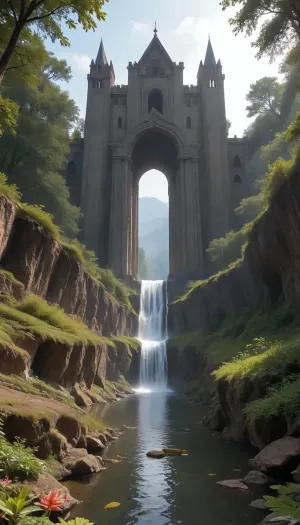 A wild river carves through a fantastical utopian landscape, its turquoise waters glowing faintly with bioluminescent algae as it plunges over moss-covered cliffs into misty waterfalls. Towering trees with translucent amber bark and iridescent leaves form a lush canopy, while fields of luminescent flowers in violet, coral, and gold ripple in the breeze. The air shimmers with floating pollen-dust and tiny winged creatures resembling dragonflies with stained-glass wings. Jagged crystal spires rise in the distance, half-hidden by cascading vines and glowing fungi clinging to their bases. The sky is a kaleidoscope of soft auroras blending into peach-hued clouds, casting warm light on ancient stone bridges draped in ivy and orchids. No signs of technology—only harmonious coexistence of magic and nature, with waterfalls feeding crystal-clear pools teeming with fish that flicker like living gems. Style, ethereal fantasy realism with hyper-detailed textures, (water droplets, leaf veins, crystal facets), and a vibrant palette of jewel tones against earthy greens and golds.