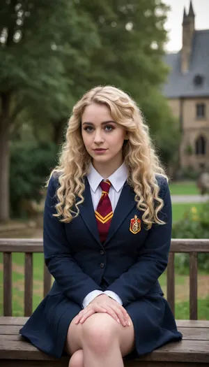 young busty curvy curly blonde wearing hogwarts uniform sitting on a bench in hogwarts backyard, plump and chubby
