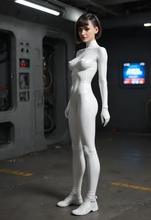 busty russian girl, tiny, petite, skinny, pale skin, ((black hair, short bobcut hairstyle)), large wide open grey eyes, red puffy lips, enigmatic smile, very tight white latex jumpsuit with red inserts, hard protruding nipples, slender legs, in the interior of futuristic space station, cyberpunk, retrofuturism, (full-length image:1.3)